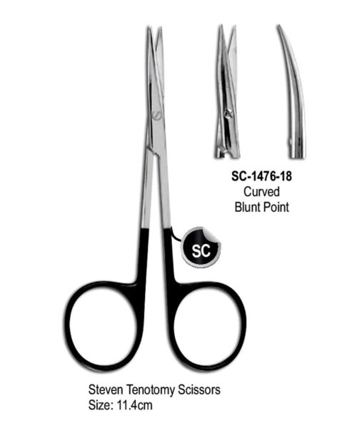 Steven Tenotomy Super Cut Scissor Curved Blunt Point 11.4cm with Black Color Rings