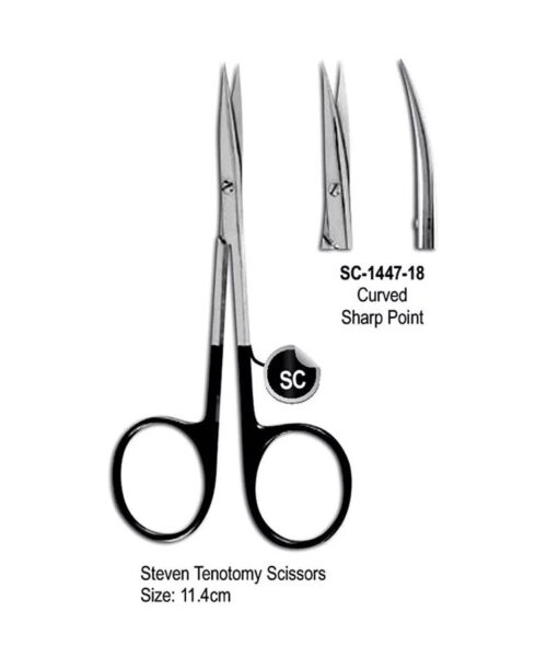 Steven Tenotomy Super Cut Scissor Curved Sharp Point 11.4cm with Black Color Rings