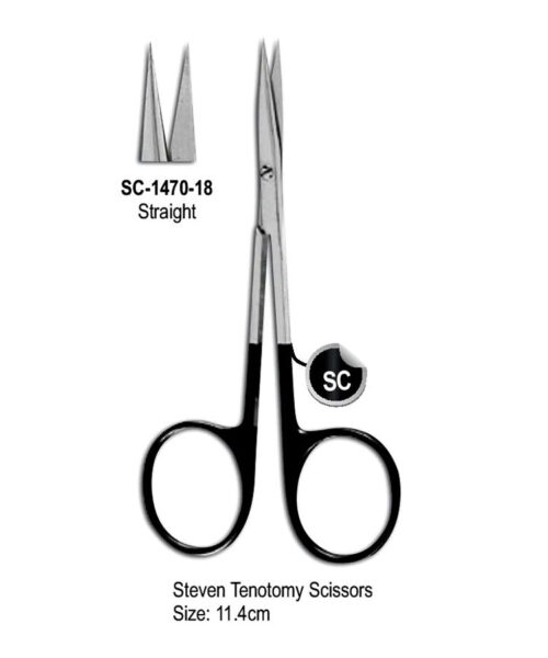 Steven Tenotomy Super Cut Scissor Straight Sharp Point 11.4cm with Black Color Rings