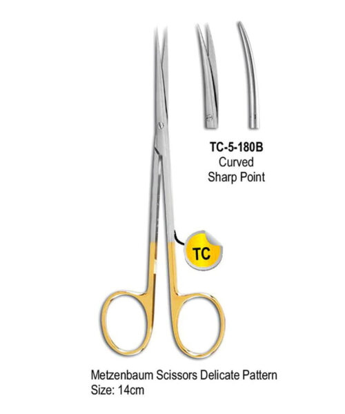 TC Metzenbaum Scissor Curved Delicate Pattern 14cm Gold Plated Rings Sharp Point