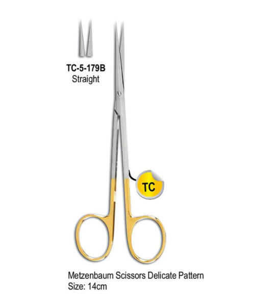 TC Metzenbaum Scissor Straight Delicate Pattern 14cm Gold Plated Rings Sharp Point