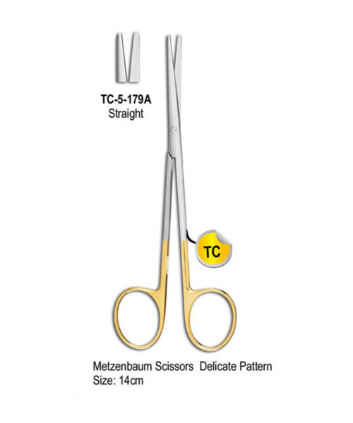 TC Metzenbaum Scissor Straight Delicate Pattern 14cm with Gold Plated Rings